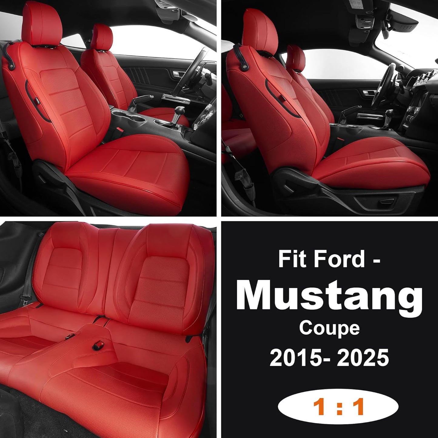 AOMSAZTO Seat Covers for Ford Mustang Coupe 2015 2016 2017 2018 2019 2020 2021 2022 2023 2024 2025 2026, Custom Fit Full Set Faux Leather (New Red)