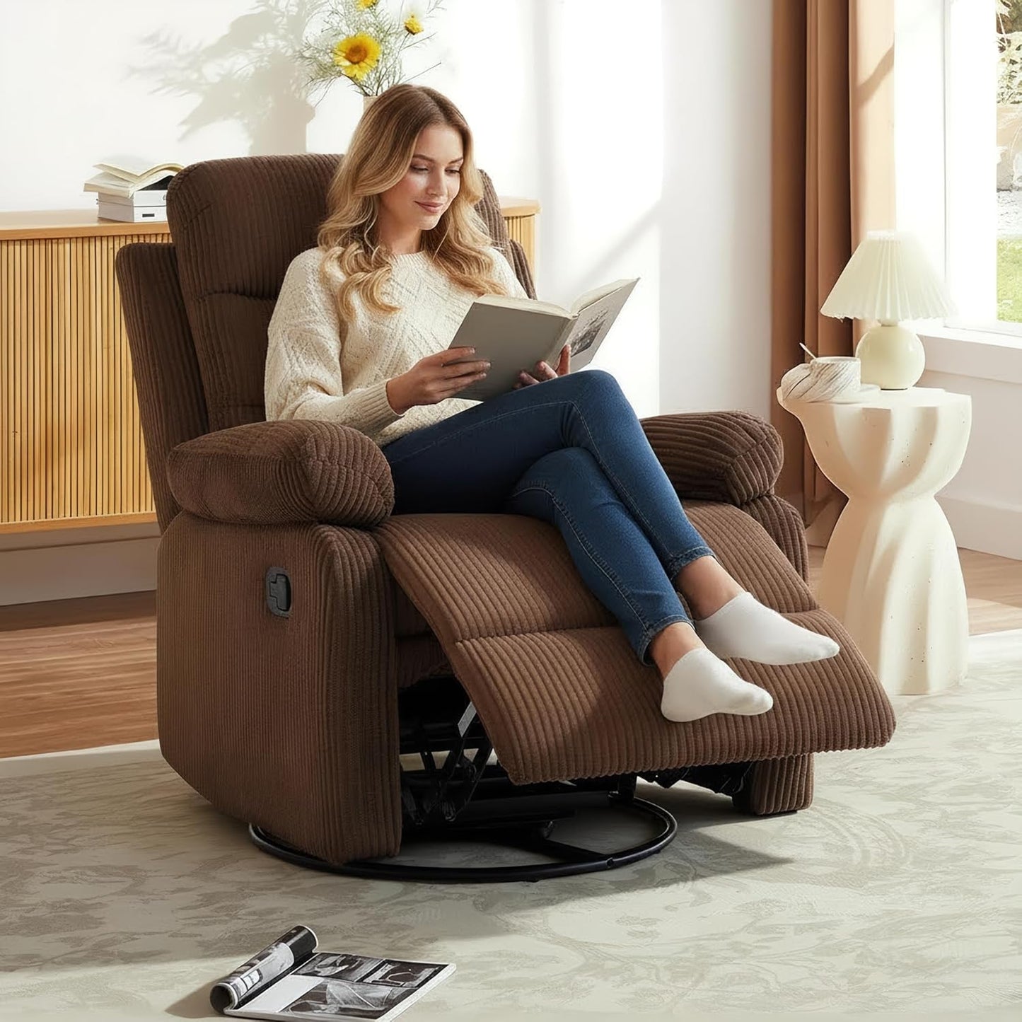 Rocking Recliner Chair,Modern Swivel Glider Recliner Chair,Corduroy Fabric Upholstery Recliner,Manual Reclining Sofa Chair for Living Room,Office,Apartment (Beige)