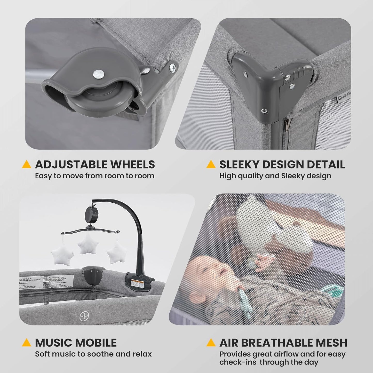 QUTANIX 2-in-1 Pack and Play with Mattress,Baby Bassinet Bedside Sleeper, Bedside Bassinet & Baby Playpen, Easy Folding Portable Crib for Newborn to Toddlers (Dark Grey)