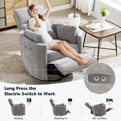 Power Recliner,Nursery Swivel Glider Rocking Chair with USB Port,Upholstered Adult Electric Recliner Rocking Chair with 2 Pillows for Living Room Bedroom (Beige Corduroy, Power-Driven)