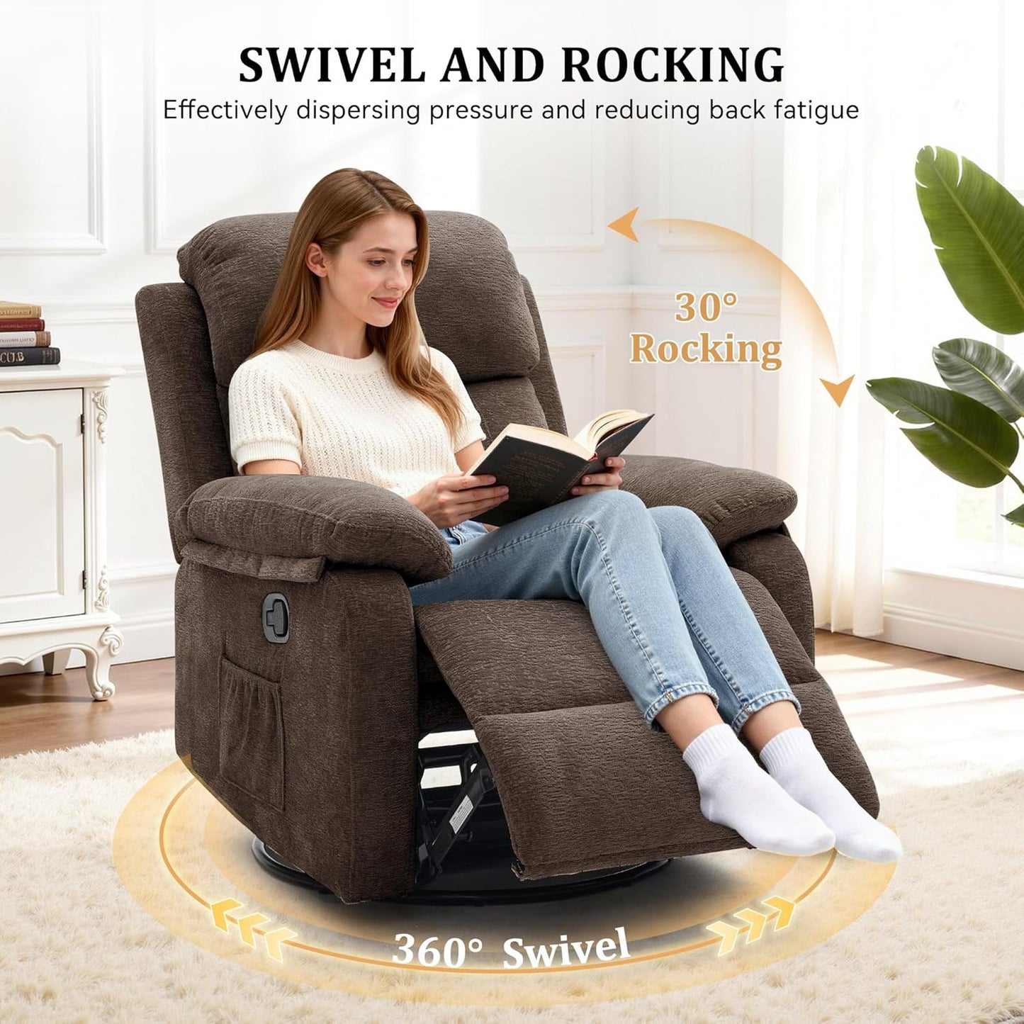Korser Recliner Chair, 360 Swivel Rocker Chair for Adults, Small Rocking Recliner for Small Spaces, Upholstered Fabric Glider Recliner Nursery