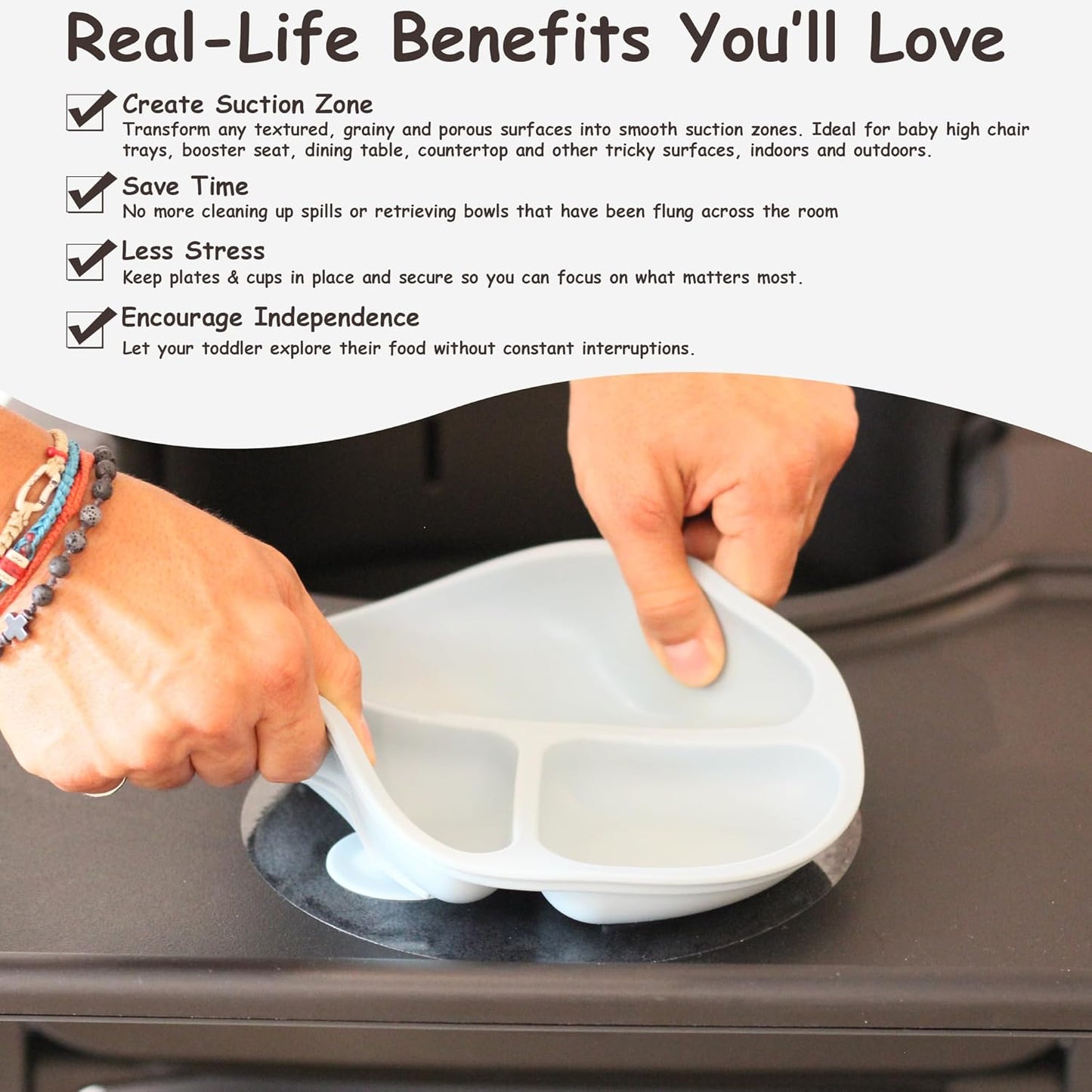 Transparent Stickers to Secure Suction Plates, Bowls, Toys on Grainy or Textured Trays and Surfaces – 6 Pack – Compatible with Stokke Tripp Trapp Tray, Stokke Clikk, Stoke Steps, Bugaboo, Lalo, More