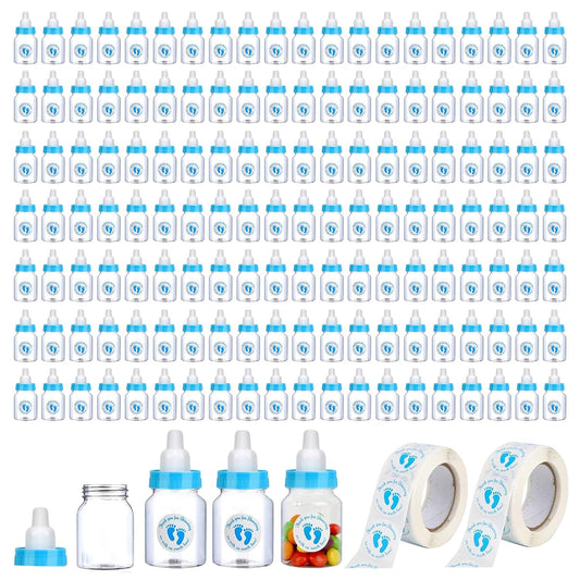 72 Pieces of Mini Baby Shower Milk Bottles Favors for Baby Shower White Plastic Mini Bottles Party Favors Boy Party Games Decorations (Blue)