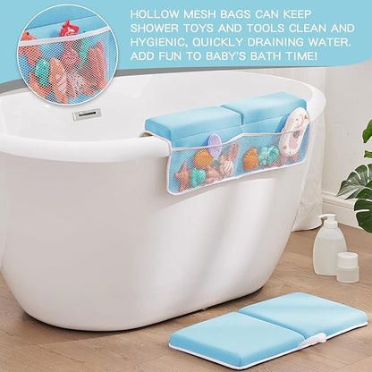 Baby Bath Kneeler and Elbow Rest Pad Set, Thick Soft Quick Dry Bathtub Mat with Toys Organizer, Blue
