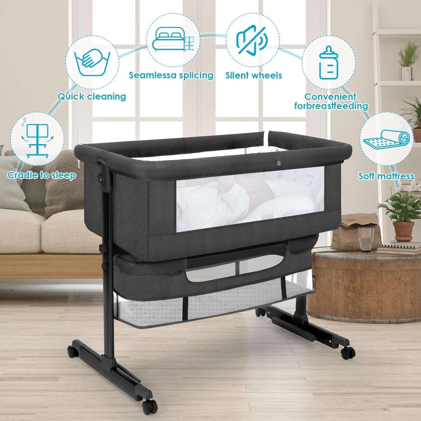 YADAQE Baby Bassinet, Baby Basinet Bedside Sleeper, Easy to Fold Portable Crib Side Bassinet 2025new Style Girl/boy bassinets(Light Grey)