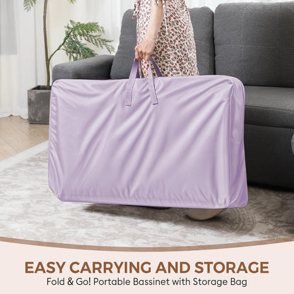 Baby Bassinet, Bedside Sleeper for Newborns Convertible Co-Sleeper Crib with Breathable Mesh, 6-Level Height Adjustment, Built-In Storage, Foldable Portable Bassinet for Home or Travel, Pink & Purple