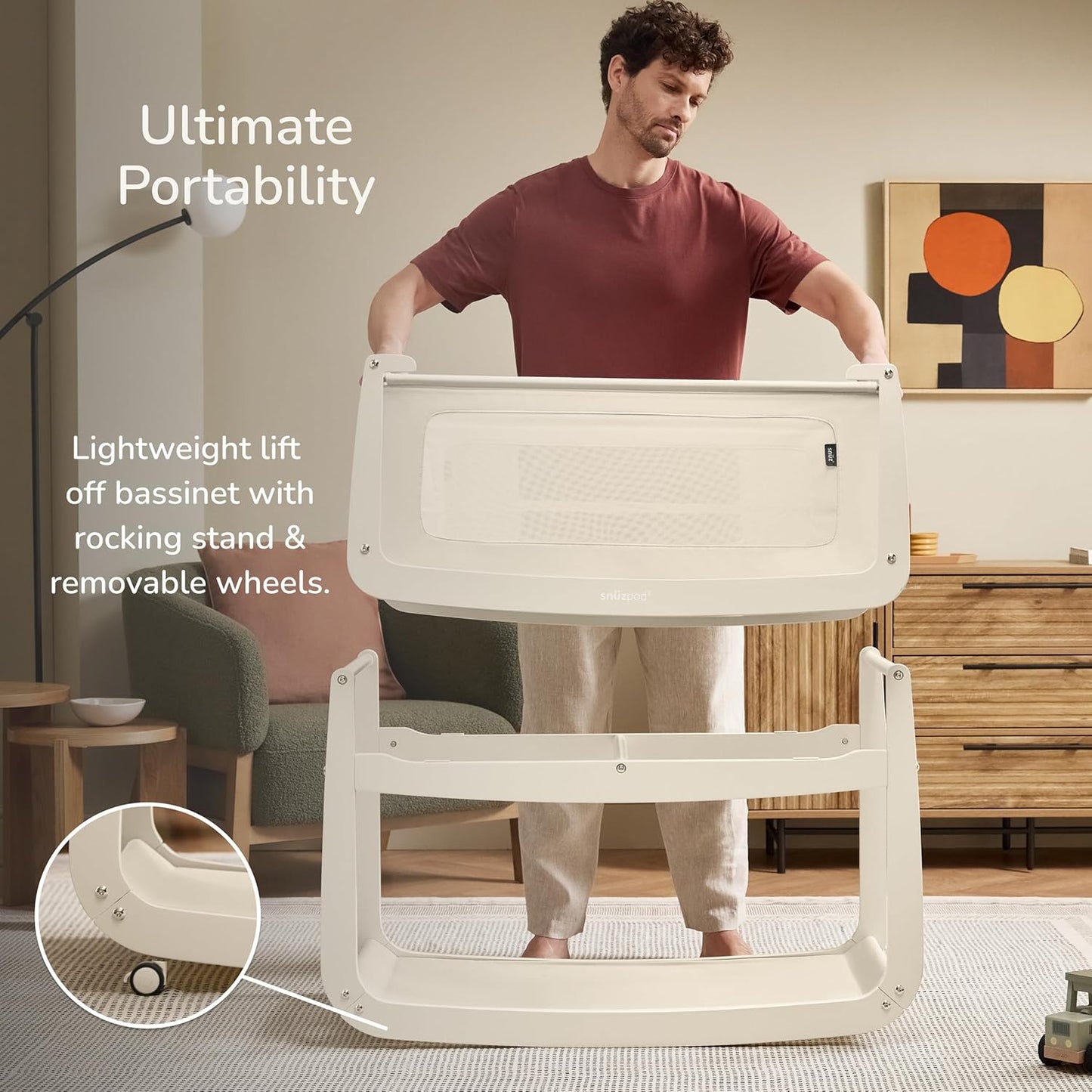 SnuzPod 5 Bedside Bassinet for Baby - Newborn Bed with Zip Down Breathable Windows, Rocking Bedside Sleeper with Lift-Off Bassinet, Portable 3-in-1 Baby Cradle with Wheels & Mattress, Natural