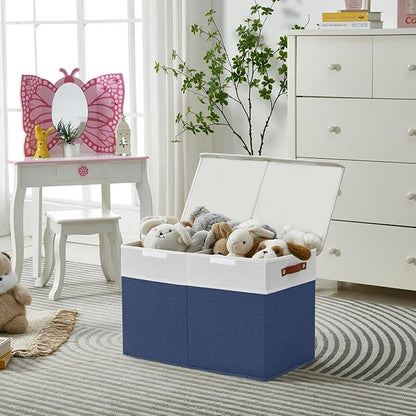 Bagnizer Large Toy Storage Box with Lids, Collapsible Sturdy Baby Storage Organizer Chest Bin Basket for Kids, Boys, Girls, Playroom, Nursery, Bedroom, Closet 25"x13"x16" (Navy Blue and White)