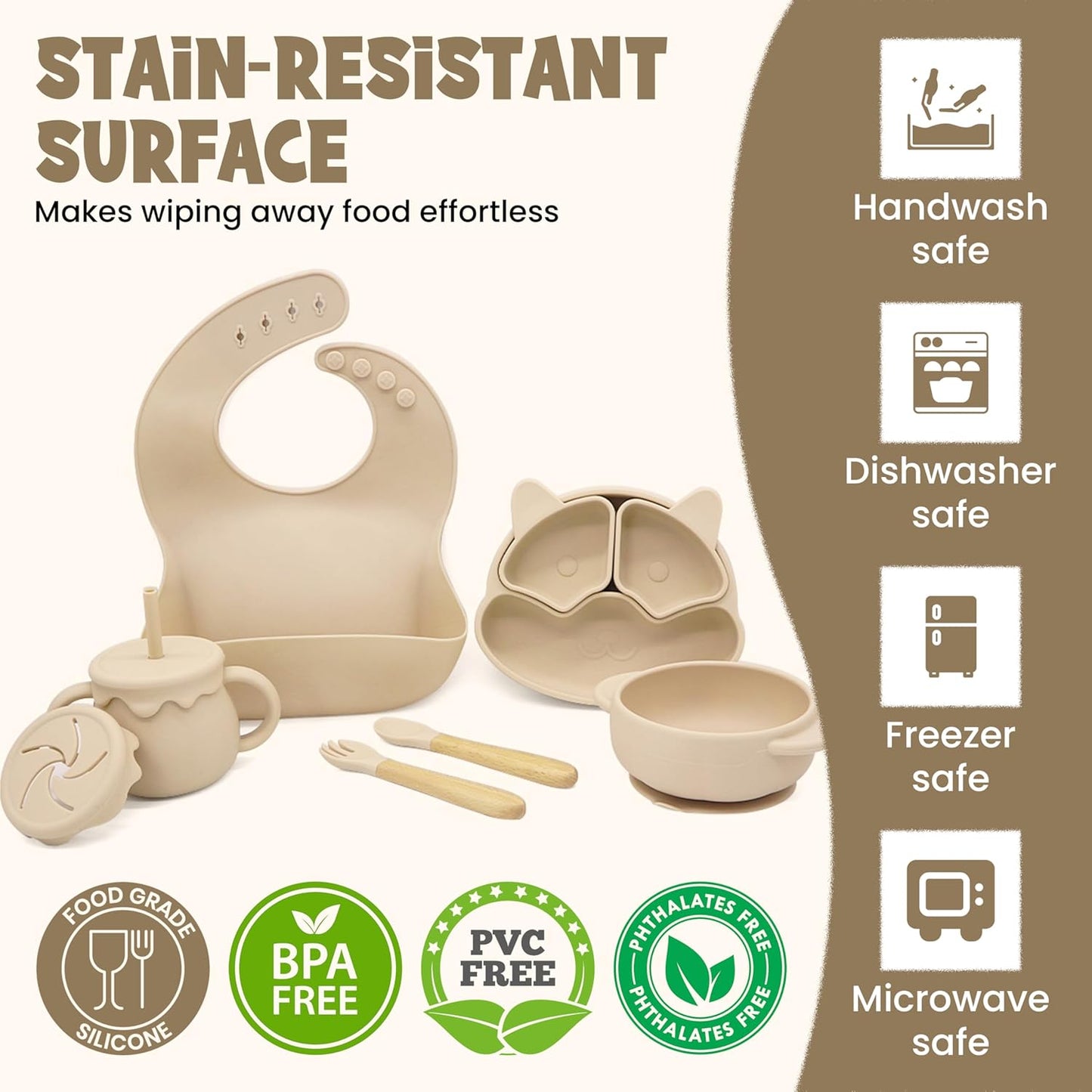 Baby Feeding Essentials, Baby Led Weaning Supplies, Silicone Baby Feeding Set, with Baby Spoon, Fork, Baby Bib, Sippy Cup, Suction Plate, Suction Bowl, Baby Eating Essentials, 6+ Months (Beige)