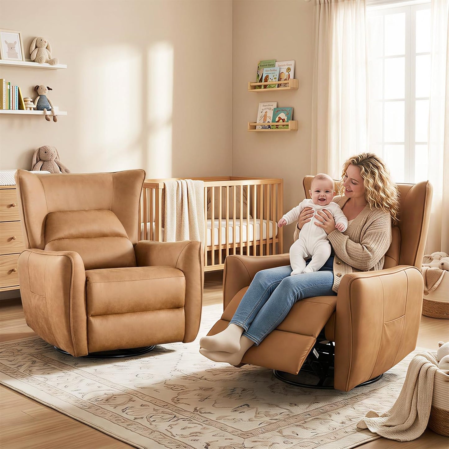HAOMARKETS Electric Swivel Rocker Recliner Chair, Power Faux Leather Glider Rocking Recliners for Adults,360° Swivel Nursery Reclining Sofa with USB Charging Port, White