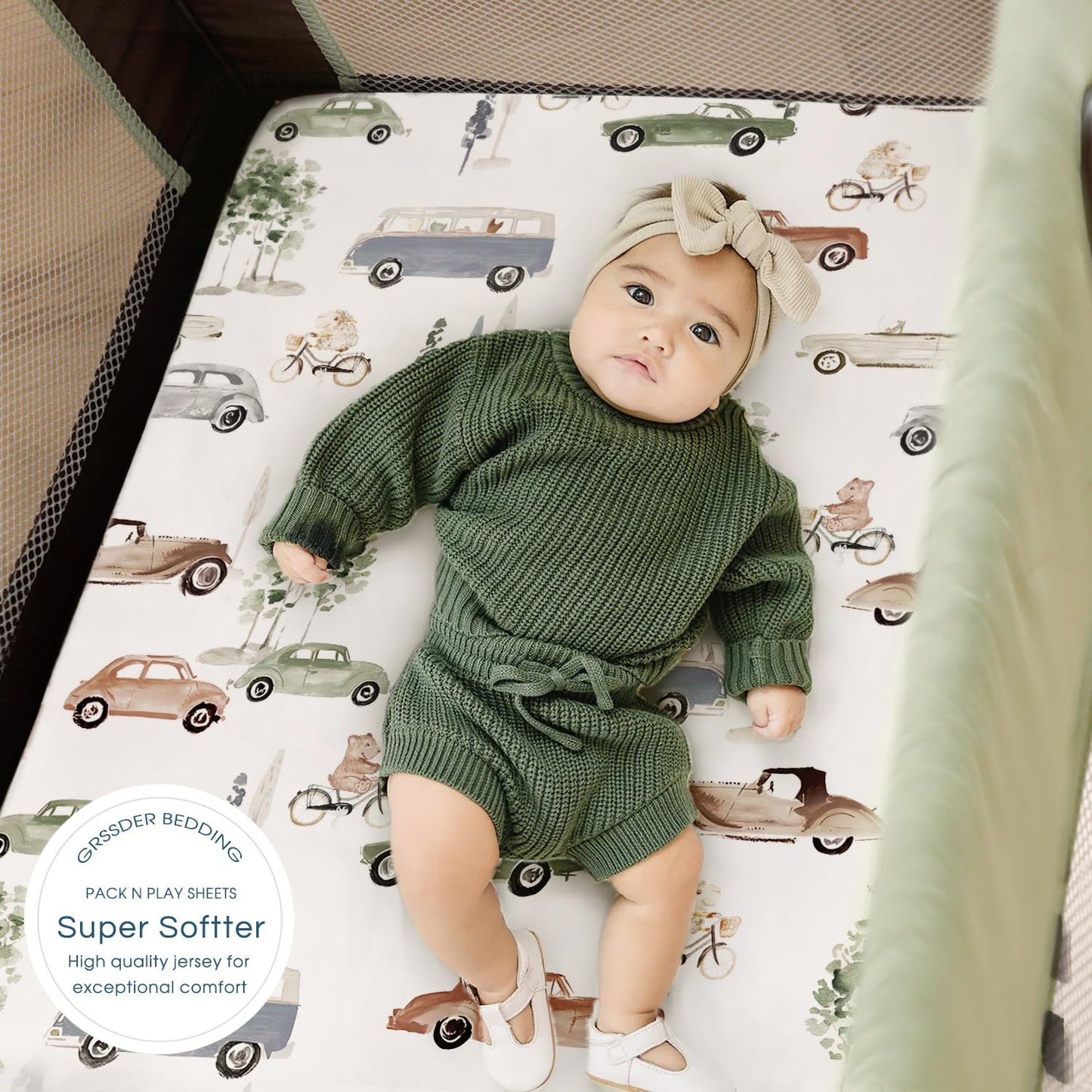 GRSSDER Stretch Ultra Soft Jersey Knit Fitted Pack n Play Playard Sheets Set 2 Pack，Fits Portable/Mini Cribs Sheets, Playards Mattress Pads, Stylish Watercolor Animals for Baby, Mint Green