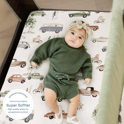 GRSSDER Stretch Ultra Soft Jersey Knit Fitted Pack n Play Playard Sheets Set 2 Pack，Fits Portable/Mini Cribs Sheets, Playards Mattress Pads, Stylish Watercolor Animals for Baby, Mint Green
