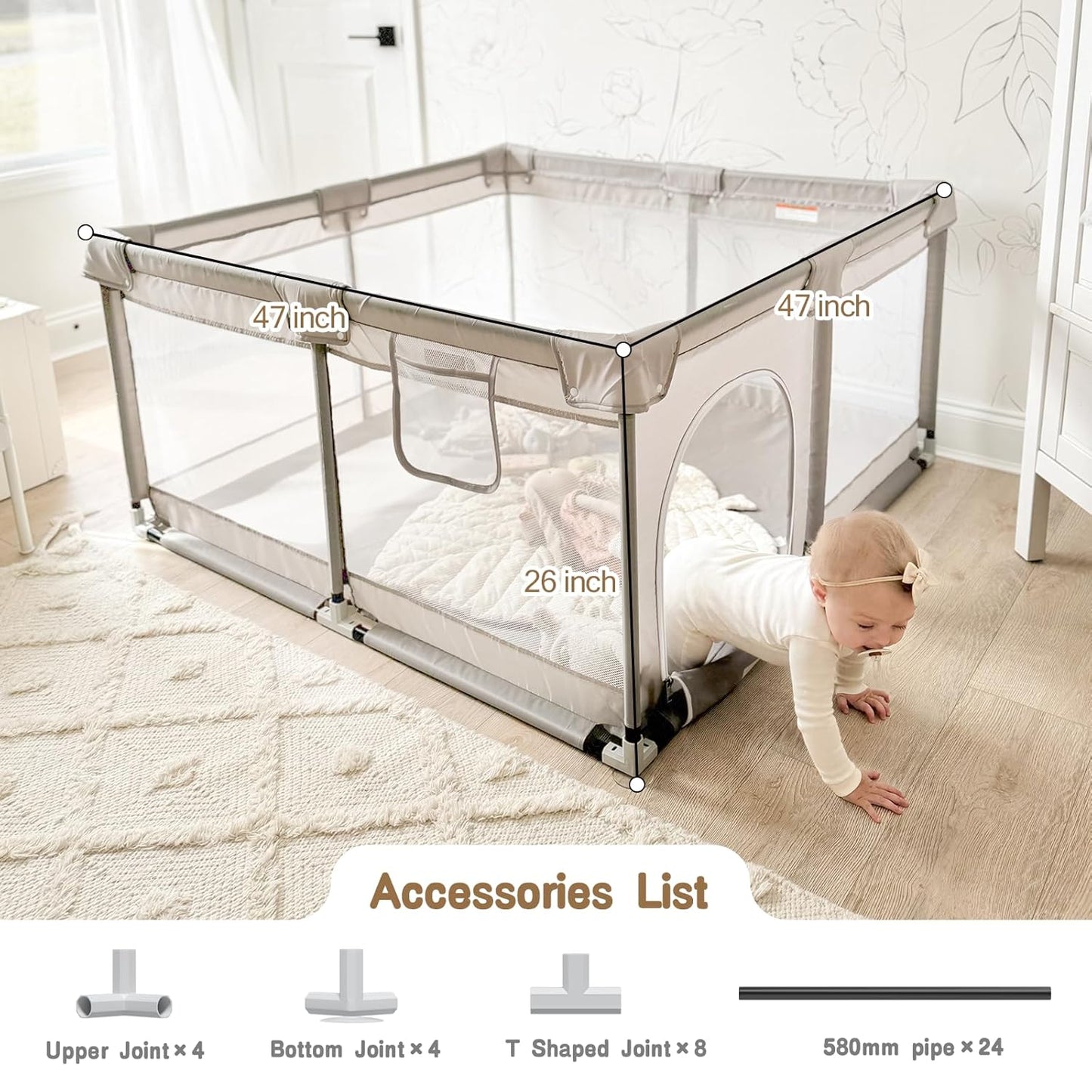 ZEEBABA Baby Playpen with Mat, Playpen for Babies and Toddlers, Small Baby Play Pens, Play Yard for Infants with Play Mat, 47x47inch Playard with Gate