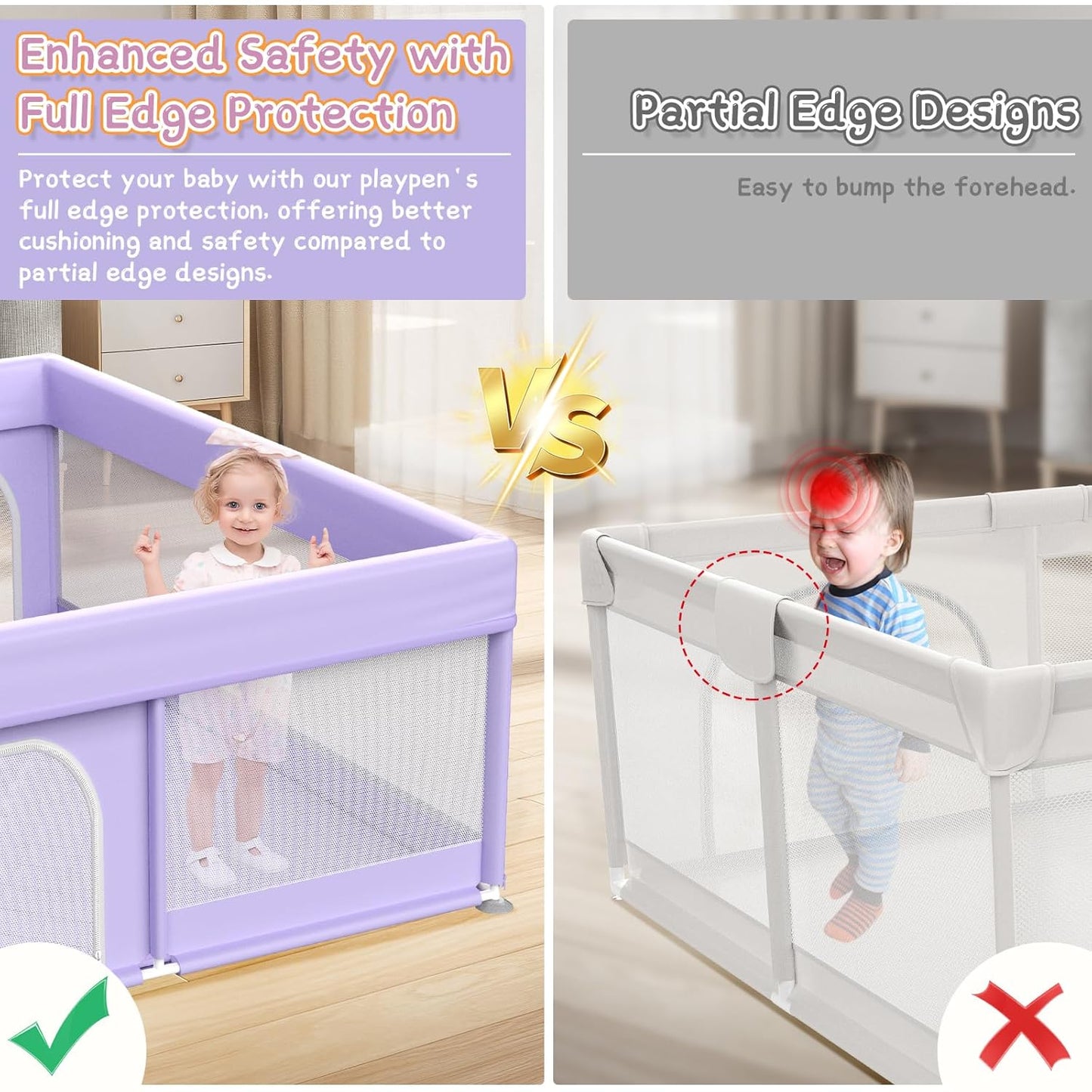 Baby Playpen with Mat - 79"x71" Extra Large Play Pens for Babies and Toddlers Indoor Safety Baby Fence with Soft Breathable Mesh - All-Wrapped Sponge Sturdy Play Yard with Handle & Bag Purple