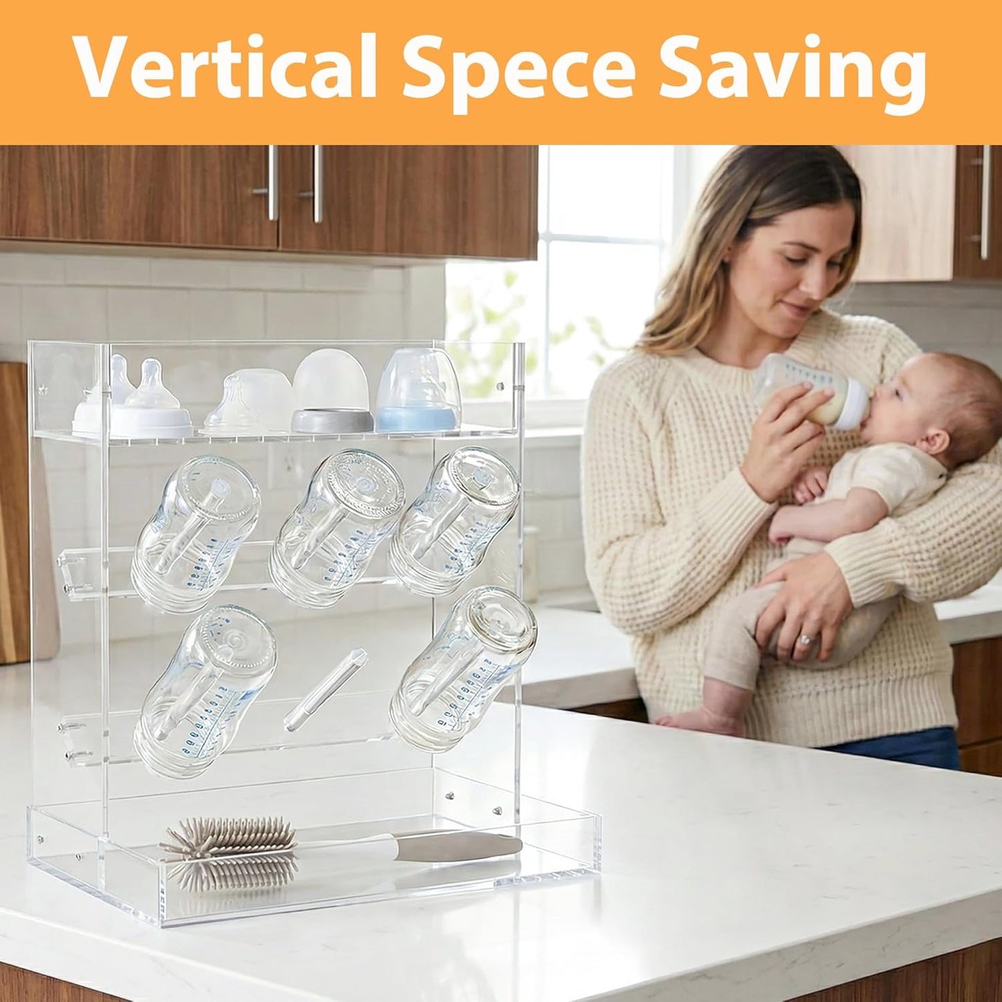 Baby Bottle Drying Rack Space Saving Acrylic Vertical Bottle Dryer Rack with Drip Tray - Clear Kitchen Countertop Storage Organizer–Fast Drying and Easy Cleanup - 10.3 x 6.3 x 10.6 in