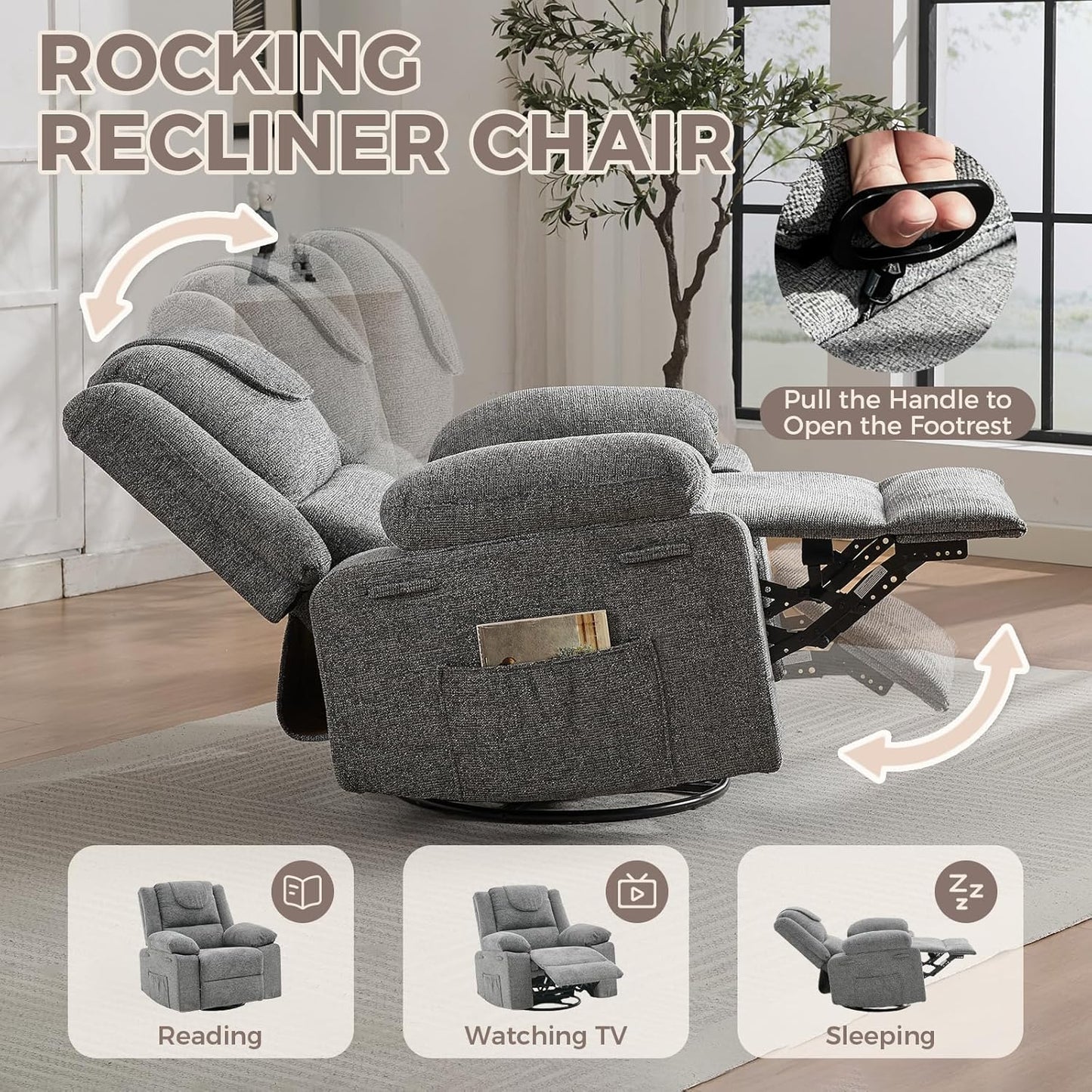Adults Oversized Rocking Nursery Glider Recliner Chair,360° Swivel Rock Recliner Chairs Single Sofa with Vibration Massage and Heating for Living Room/Bedroom,Blue