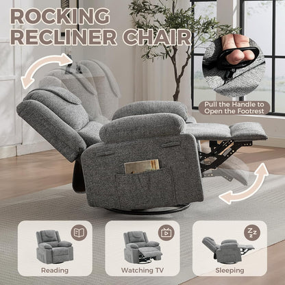 Adults Oversized Rocking Nursery Glider Recliner Chair,360° Swivel Rock Recliner Chairs Single Sofa with Vibration Massage and Heating for Living Room/Bedroom,Blue