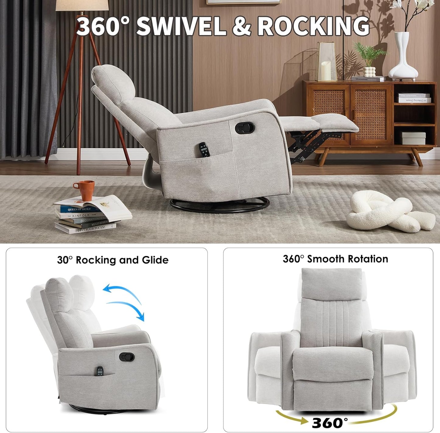 Trustyue Swivel Rocker Recliner Chair, 360° Swivel Recliner with Heat and Massage, Rocker Recliner Nursery Glider Chair with Side Pockets for Living Room (Beige, Fabric)