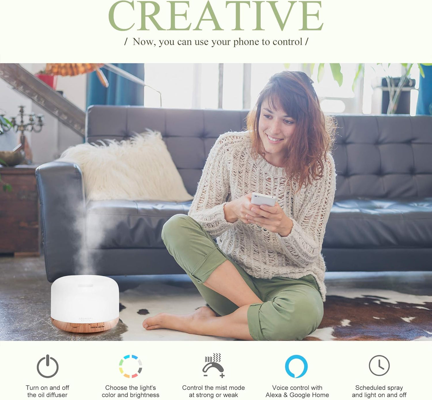ASAKUKI Essential Oil Diffuser for Home, 500ML Aromatherapy Diffuser Humidifier with Remote Control, 7 Color LED Lights, Quiet Cool Mist Diffuser for Bedroom, Office, Gift for Mom (Yellow)
