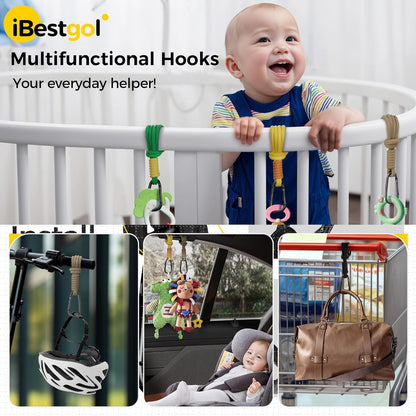 Baby Stroller Hooks, Universal Clips for Diaper and Mommy Bags, Heavy-Duty Hangers with Straps, Practical Stroller Accessory for Moms, Black-2pc