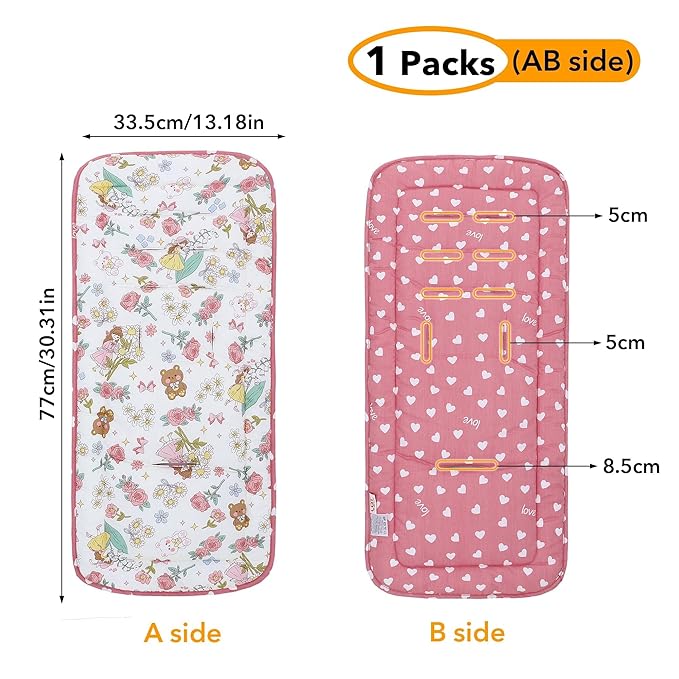 Baby Stroller Cushion,Infant Car Seat Insert-Reversible Universal Breathable and Soft Newborn seat Liner for Stroller,100% Cotton Seat Pad Liner for Newborns-34x78cm,1 Pack(Pink Princess)