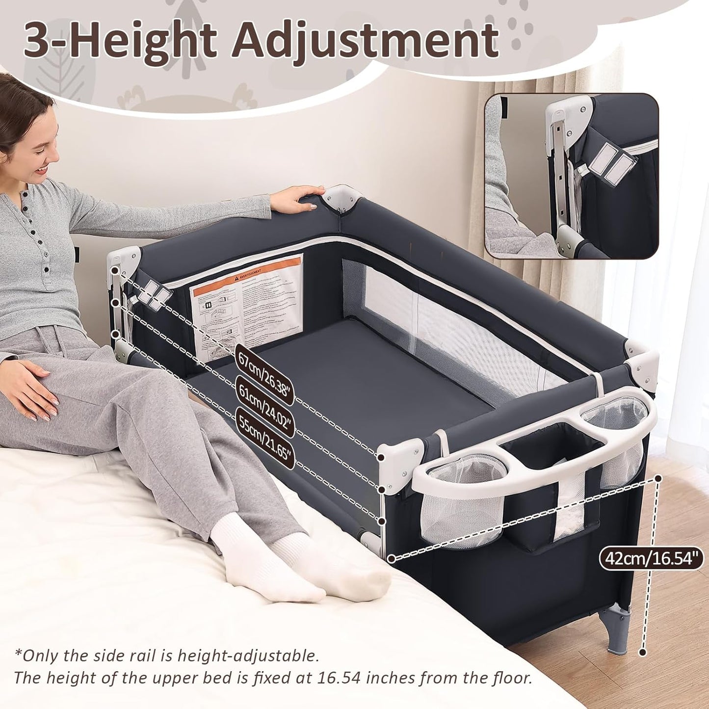 5-in-1 Baby Bassinet Bedside Sleeper, Foldable Pack and Play,One-Push Bedside Crib with Playard, Includes Mattress, Changing Table, Mosquito Net, Music Toy & Storage for Newborn to Toddler (Dark Grey)