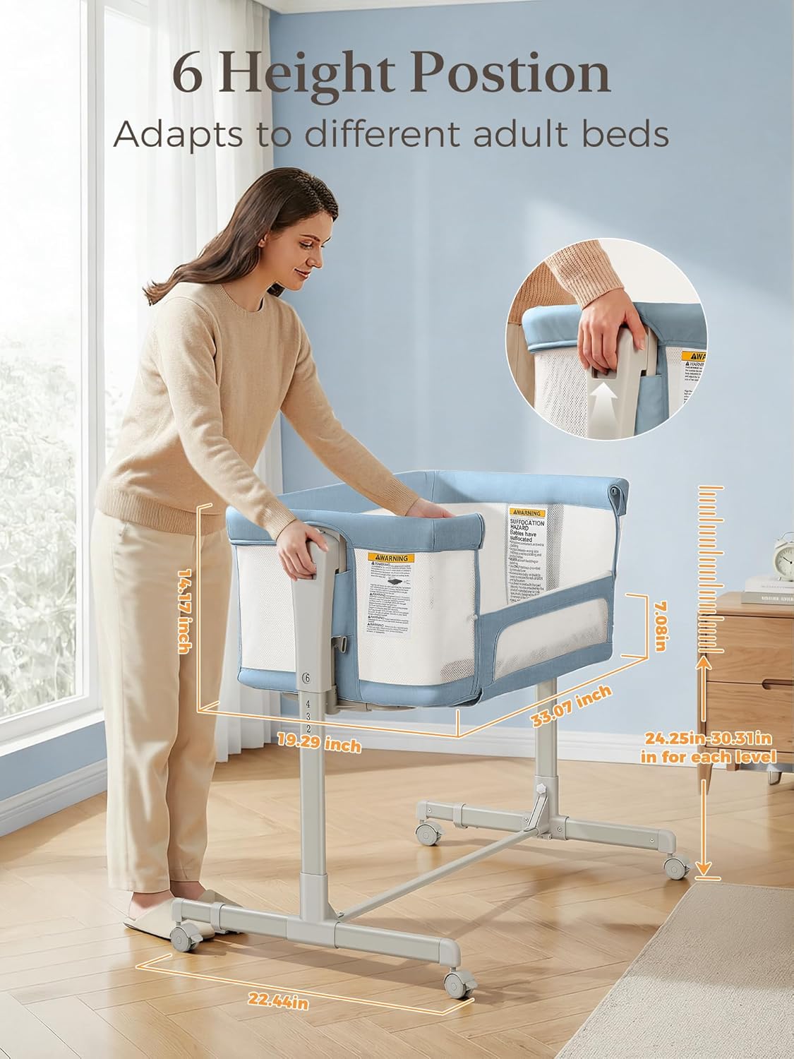 ONTHEWEI Baby Bassinet Bedside Sleeper 3-in-1, Easy Night Feeding with One-Side Fold & Rolling Wheels, Breathable Mesh, 6-Height Adjustable, Soft Mattress for Newborns