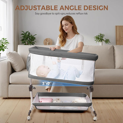 Baby Bassinet, Bedside Sleeper for Newborns Convertible Co-Sleeper Crib with Breathable Mesh, 6-Level Height Adjustment, Built-In Storage, Foldable Portable Bassinet for Home or Travel, Pink & Purple