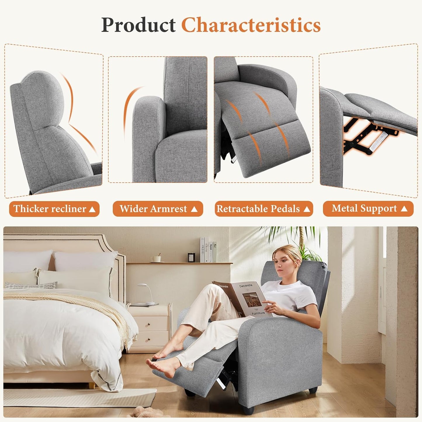 Sweetcrispy Recliner Chair, 360 Swivel Rocker Chair for Adults, Glider Rocker Recliners, Nursery Chairs for Living Room, High Back, Upholstered Deep Seat, Classical Brown