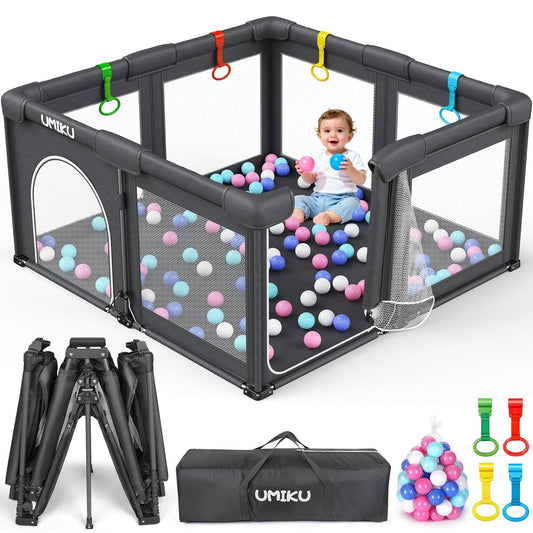 Baby Playpen Foldable Playpen for Babies and Toddlers, Large Playpens Portable Play Pen Play Yard for Kids Fence Indoor Outdoor Travel 4 Handlers 50 Balls Baby Gifts Essentials 50"X50" Dark Grey