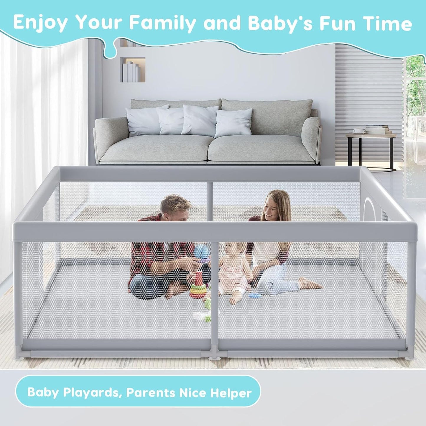 Fshibila 74" ×50" Large Baby Playpen, Baby Playard for Babies and Toddlers, Baby Fence Play Pens for Indoor & Outdoor, Sturdy Safety Play Yard with Soft Breathable Mesh, Anti-Fall, Grey