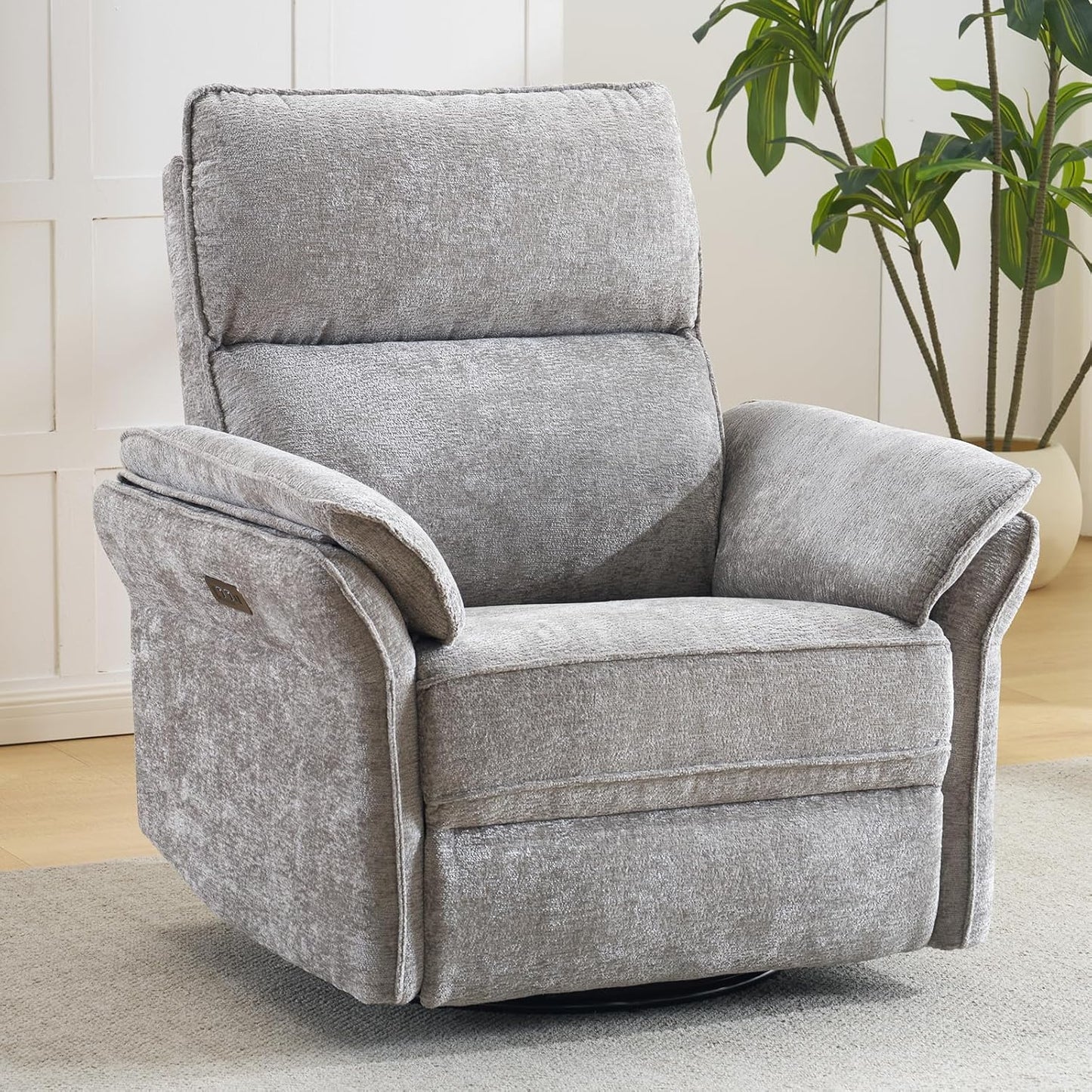 Oversized Glider Rocker Recliner, 26" Extra Wide 360° Swivel Nursery Recliner with Adjustable Headrest, Chenille Rocking Nursery Chair with Overstuffed Armrest, Lumbar Support, Light Grey