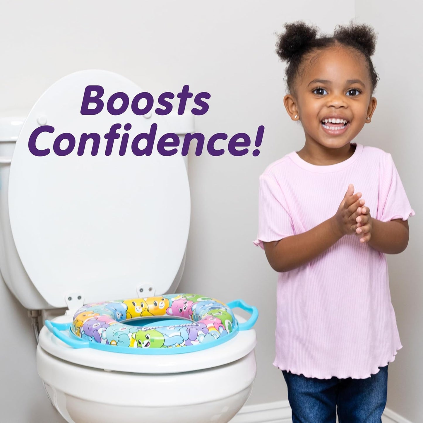 Care Bears Soft Potty Training Seat for Toilet with Storage Hook, Non-Slip Potty Ring with Splash Guard, Built-in Handles for Toddlers