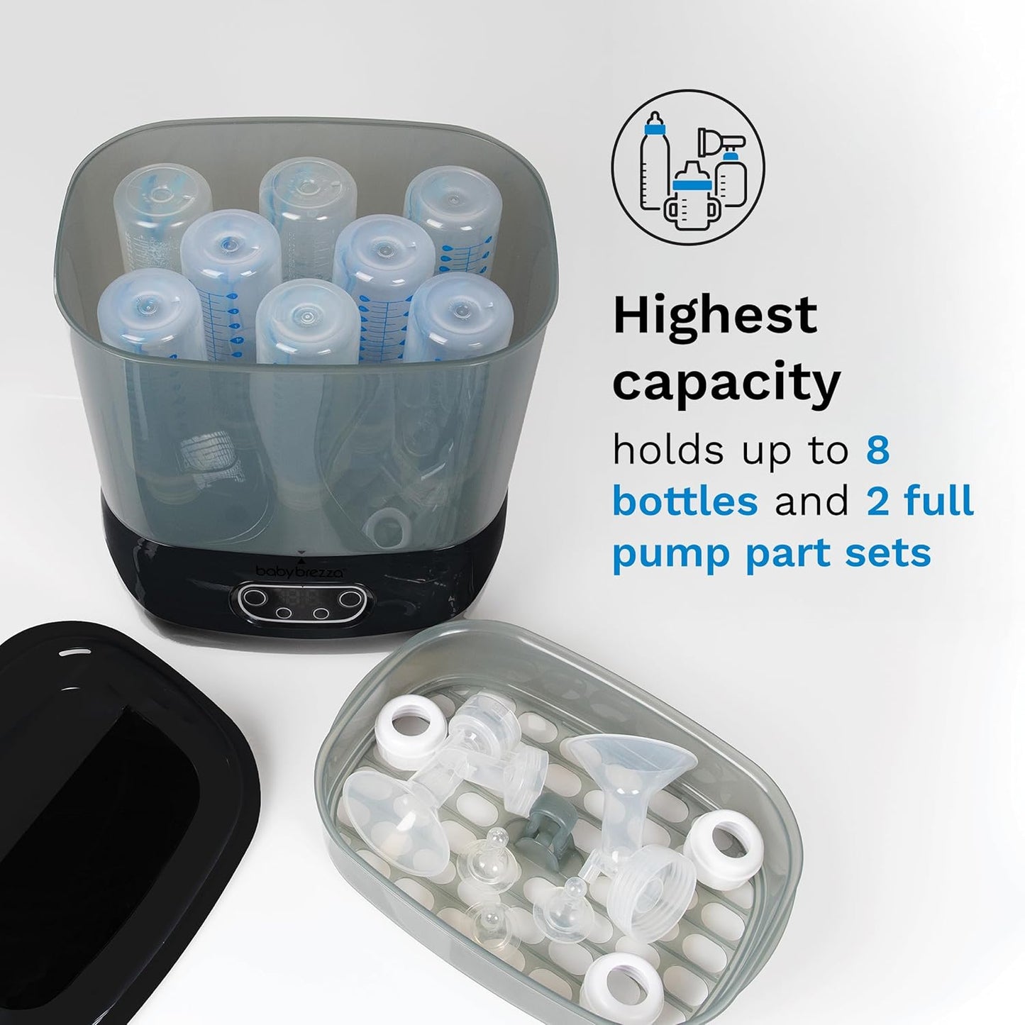 Baby Brezza Bottle Sterilizer and Dryer Advanced – 33% Faster - Largest Capacity Steam Sanitizer - Universal Sterilization Machine for All Bottles + Pump Parts - HEPA Air Filter