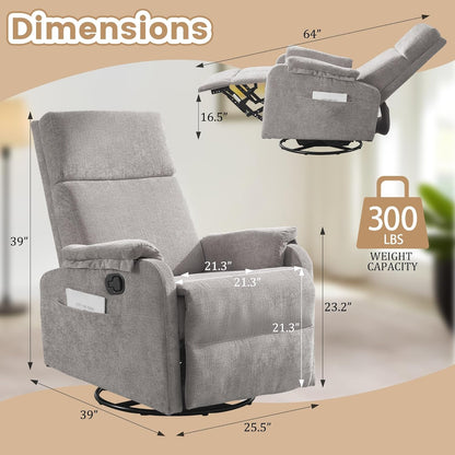 Korser Recliner Chair, Swivel Rocking Recliner Chair for Adults, Glider Rocking Chair, Small Nursery Chair Recliner for Living Room, Reclining Chair with Modern-Designed Armrests, Chenille, Beige