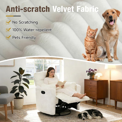 Oversized Swivel Rocking Chair, Manual Large Rocker Recliner Chairs for Adults, Corduroy Nursery Glider Barrel Chair with 2 Pillows, Wide Recliner for Living Room, Bedroom, Nursery, White