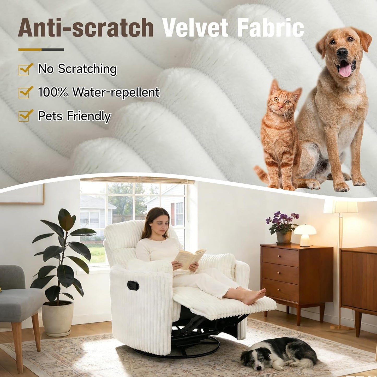 Swivel Rocking Chair for Adults, Oversized Rocker Recliner，Nursery Glider Chair with 2 Pillows, Manual Wide Recliner Single Sofa Barrel Armchair for Living Room, Bedroom, Nursery, White