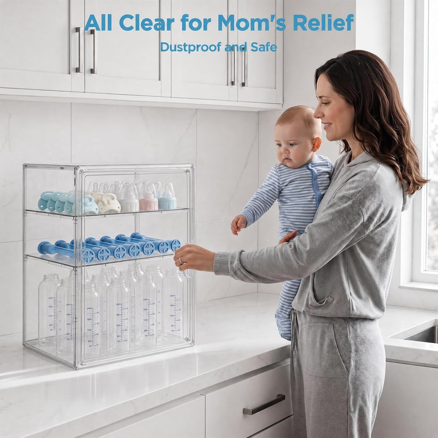 HBlife Baby Bottle Storage Organizer for Countertop Cabinet, 3 Tiers Adjustable Clear Acrylic Bottles Storage Station Case Box Container with 2 Removable Dividers and Magnetic Door, Large