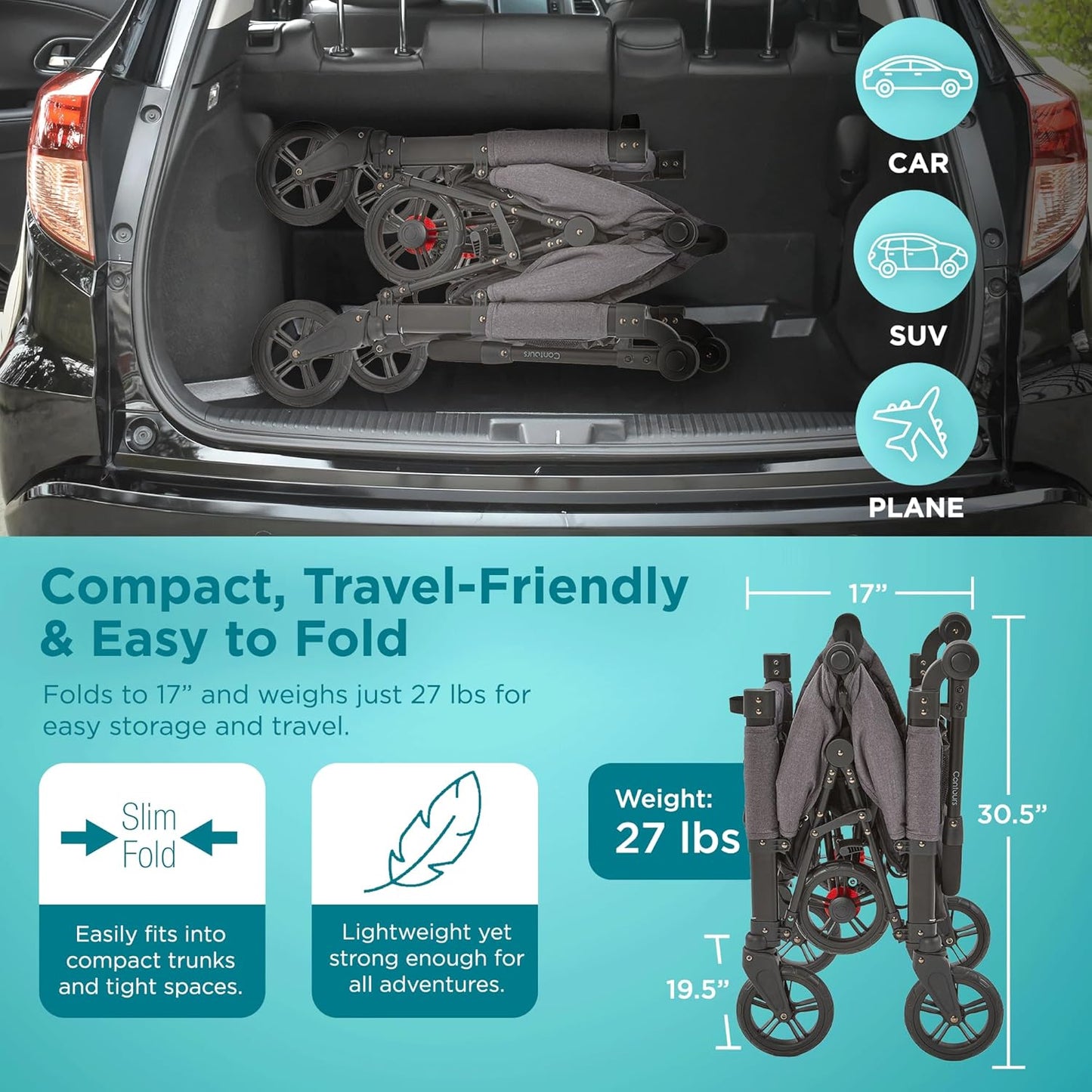 Contours Curve 360 Lightweight Double Baby Stroller Wagon for 2 Kids, Fits Infant Car Seats, Ultra Maneuverable, Easy in and Out for Toddlers with Deep Footwell, Storage Pockets and Adjustable Handle