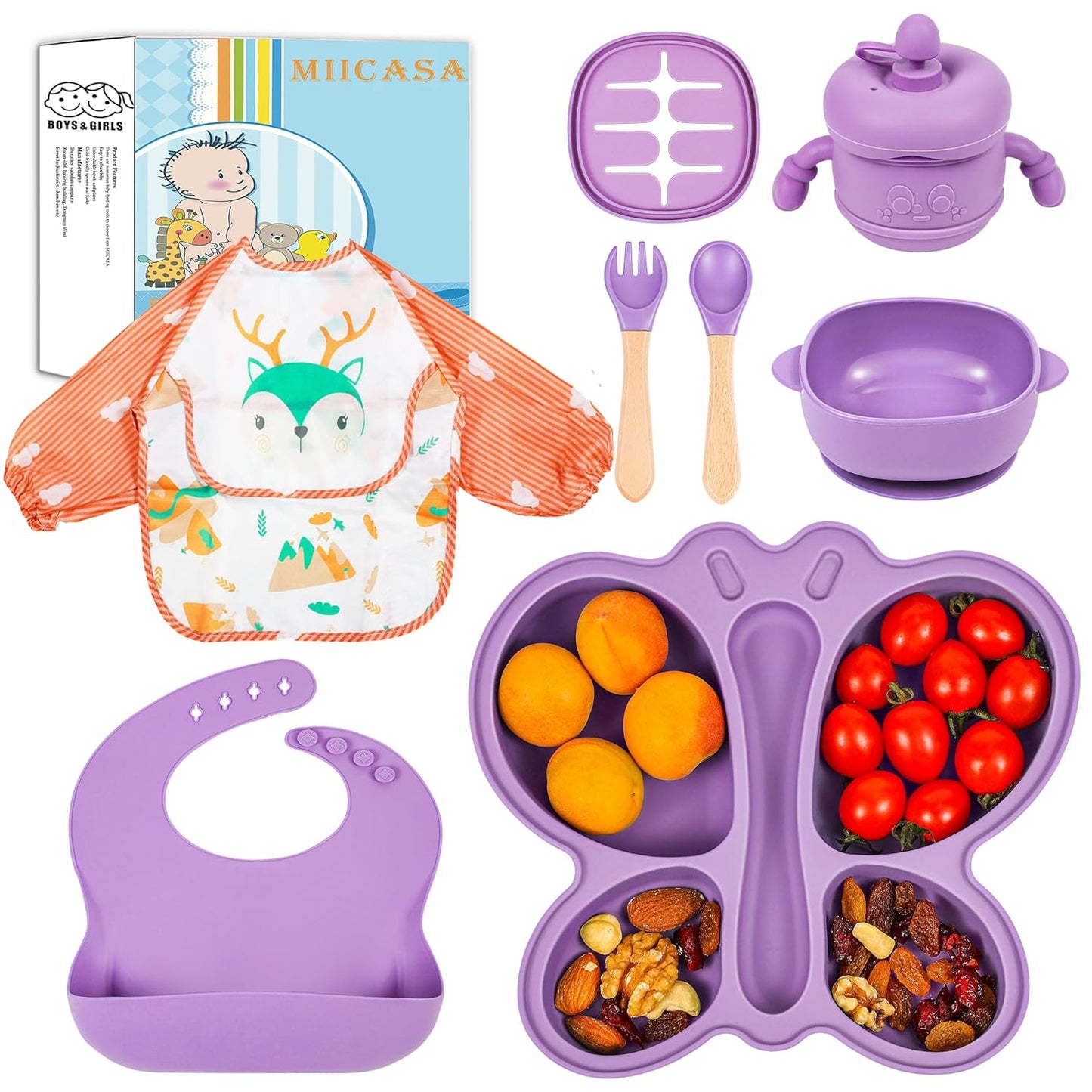 Silicone Baby Feeding Set, Baby Led Weaning Supplies, Baby Food Tableware Silicone Suction Plate, Bowl, Spoons, Fork, Waterproof Bib, Cup & Complementary Food Cake Mold, Baby Eating Utensils