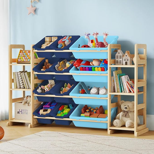 EXPERLAM Extra Large Toy Storage - Toy Storage Organizer, Wooden Toy Organizer with 6 Side Shelves and 12 Bins, 3-in-1 Bookshelf for Kids Rooms, Bedroom, Playroom, Nursery, Blue