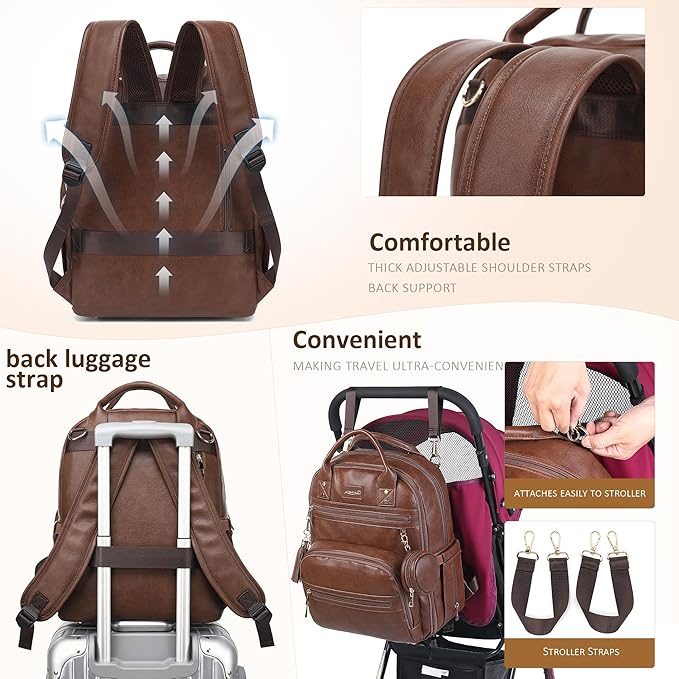 ROSEGIN Premium Vegan Leather Diaper Bag Backpack with Waterproof Changing Pad, Reinforced Zippers & Odor-Free,20 Pockets Pro Organizer, Fits 15.6" Laptop, Stroller Straps, Baby Bag for Mom,Dark Brown