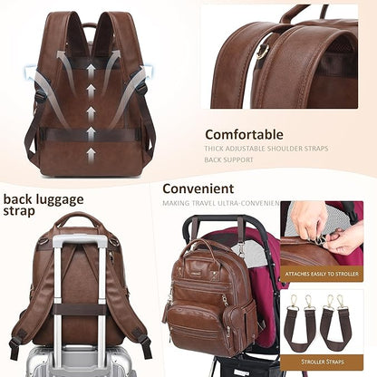 ROSEGIN Premium Vegan Leather Diaper Bag Backpack with Waterproof Changing Pad, Reinforced Zippers & Odor-Free,20 Pockets Pro Organizer, Fits 15.6" Laptop, Stroller Straps, Baby Bag for Mom,Dark Brown