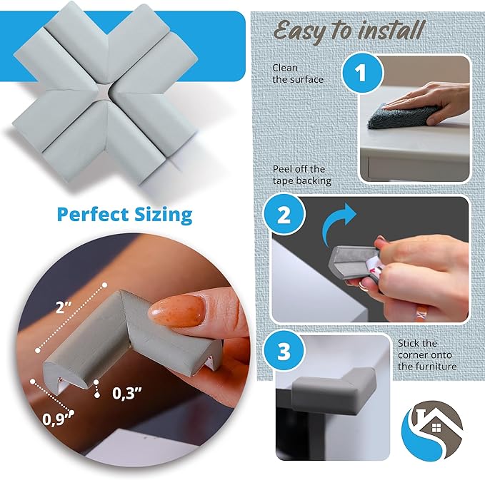 12-Pack Baby Proofing Corner Protectors, Furniture Corner and Edge Safety Bumpers, Soft Rubber Foam Cushion Covers, 3M Taped Corner Guards, Baby Child Proofing Pads for Tables & Furniture, Gray