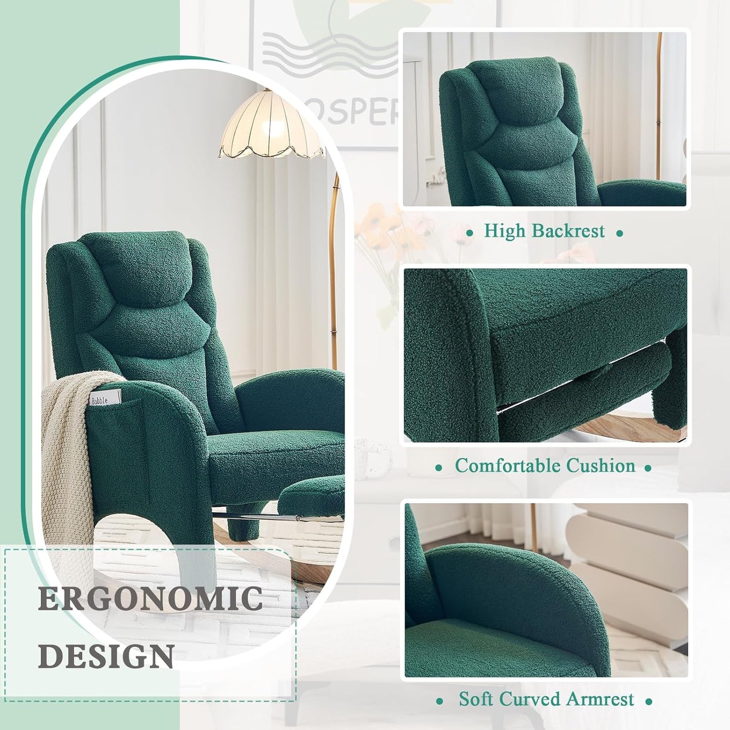 Rocking Chair Nursery with Foot Rest,Upholstered Teddy Glider Rocker with Wood Legs, Nursing Rocking Chair for Living Room/Nursery,Pink