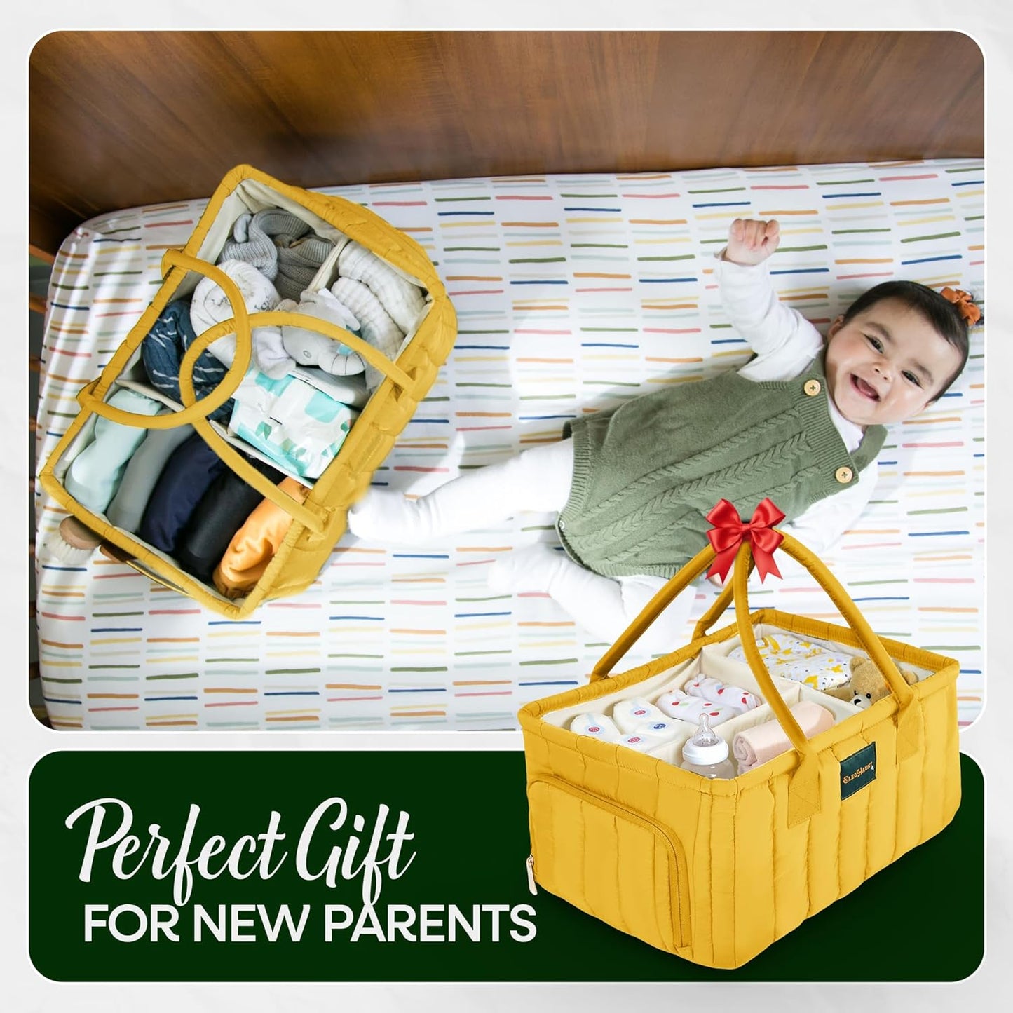 Large Diaper Caddy Organizer with Handle Neutral Boy Girl – Baby Basket for Nursery, Car, Changing Table – Portable Baby Storage with Compartments – Perfect for New Parents and Baby Shower Gifts