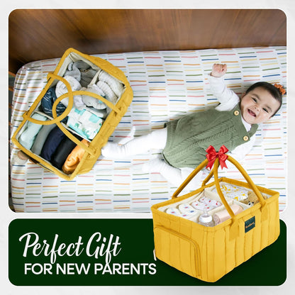 Large Diaper Caddy Organizer with Handle Neutral Boy Girl – Baby Basket for Nursery, Car, Changing Table – Portable Baby Storage with Compartments – Perfect for New Parents and Baby Shower Gifts