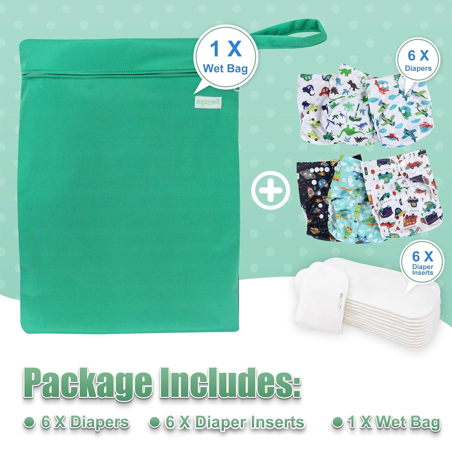 wegreeco Cloth Diapers 6 Pack with 6 Inserts & 1 Wet Bag, Washable Cloth Diapers for Babies, One Size Adjustable Reusable (Flower)