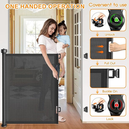 71 Inch Retractable Baby Gates Extra Wide, 41 Inch Reinforced Extra Tall Gate Mesh Safety Gate for Kids Pets, Retractable Dog Gate Baby Retractable Gate for Stair Hallway Doorway Indoor Outdoor, Black