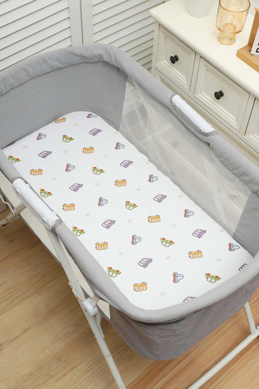 Onacosht Muslin Bassinet Sheets 3 Pack, 100% Cotton Baby Fitted Sheet 33" x 19" Compatible with Mika Micky, KoolaBaby (3 in 1), BabyBond, HARPPA and RICUTON Bedside Bassinet, Green, Floral and Cactus